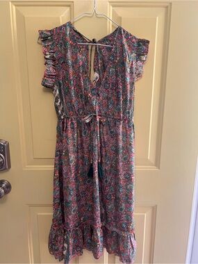 Bigg Bull NWT 70% Silk Boho Paisley Dress Metallic Gold Shimmer Tassel Free Size